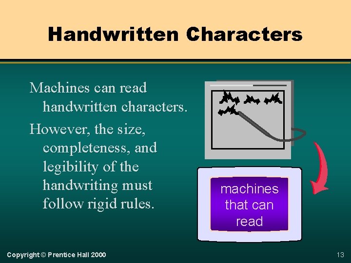 Handwritten Characters Machines can read handwritten characters. However, the size, completeness, and legibility of