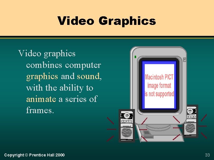 Video Graphics Video graphics combines computer graphics and sound, with the ability to animate