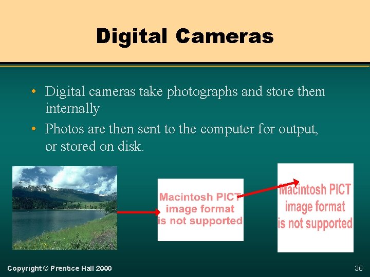 Digital Cameras • Digital cameras take photographs and store them internally • Photos are