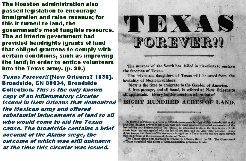 The Houston administration also passed legislation to encourage immigration and raise revenue; for this