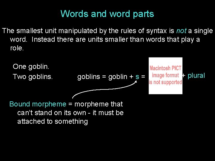 Words and word parts The smallest unit manipulated by the rules of syntax is