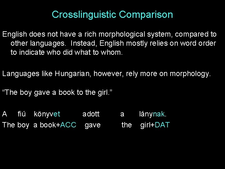 Crosslinguistic Comparison English does not have a rich morphological system, compared to other languages.