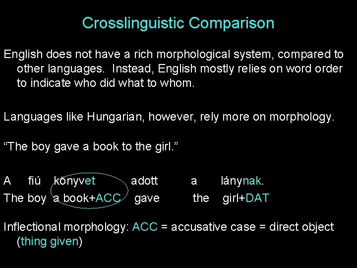 Crosslinguistic Comparison English does not have a rich morphological system, compared to other languages.