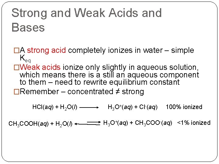 Strong and Weak Acids and Bases �A strong acid completely ionizes in water –