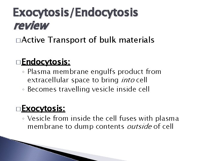 Exocytosis/Endocytosis review � Active Transport of bulk materials � Endocytosis: ◦ Plasma membrane engulfs