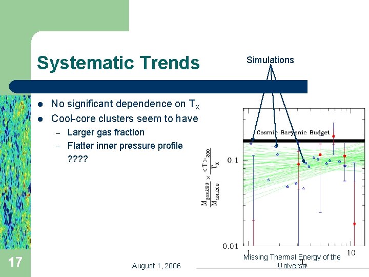 Systematic Trends l l No significant dependence on TX Cool-core clusters seem to have