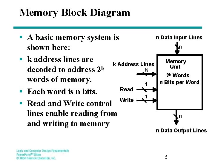 Memory Block Diagram n Data Input Lines § A basic memory system is n
