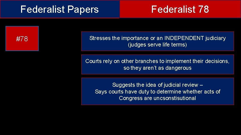 Federalist Papers #78 Federalist 78 Stresses the importance or an INDEPENDENT judiciary (judges serve