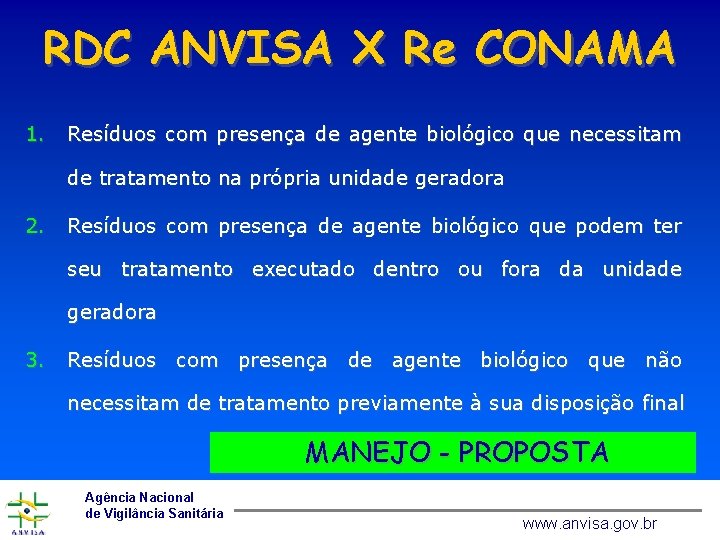 RDC ANVISA X Re CONAMA 1. Resíduos com presença de agente biológico que necessitam