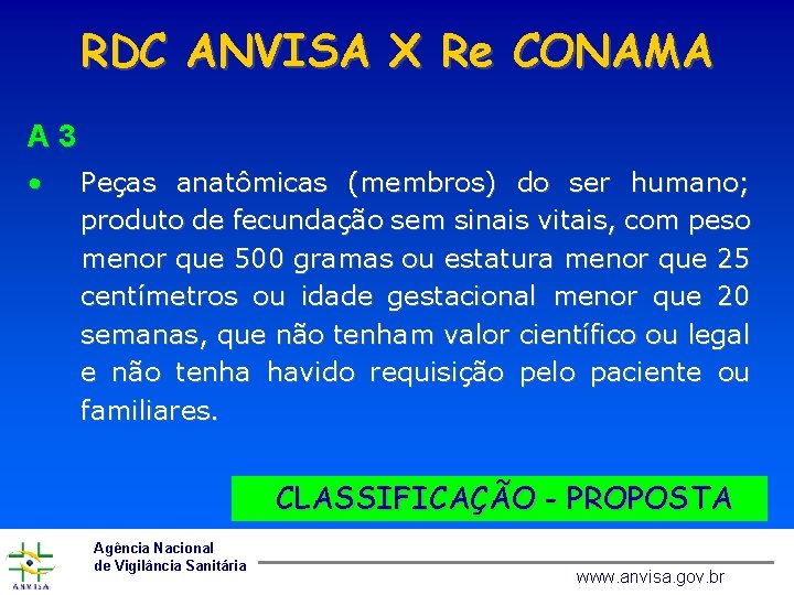 RDC ANVISA X Re CONAMA A 3 • Peças anatômicas (membros) do ser humano;
