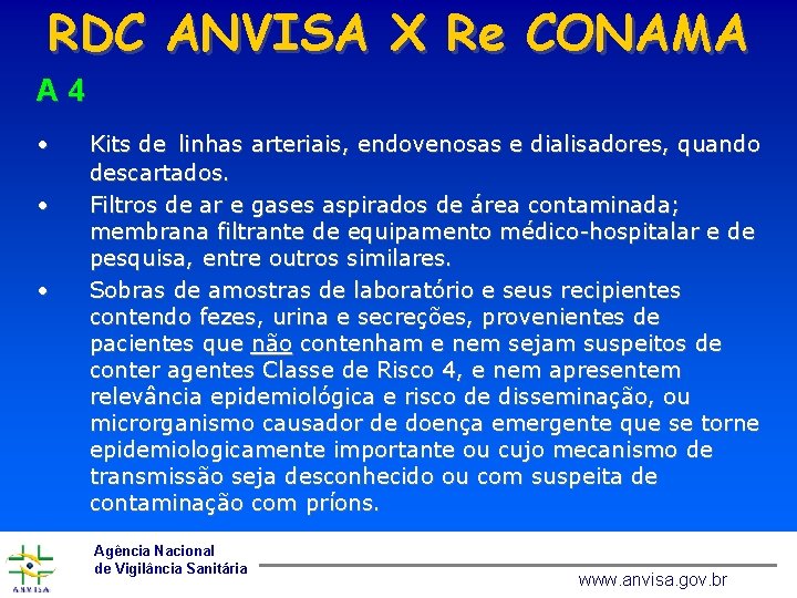 RDC ANVISA X Re CONAMA A 4 • • • Kits de linhas arteriais,