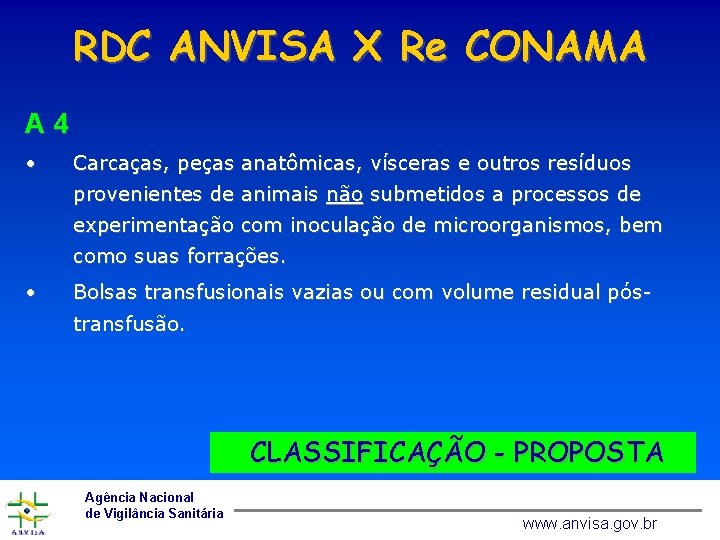 RDC ANVISA X Re CONAMA A 4 • Carcaças, peças anatômicas, vísceras e outros