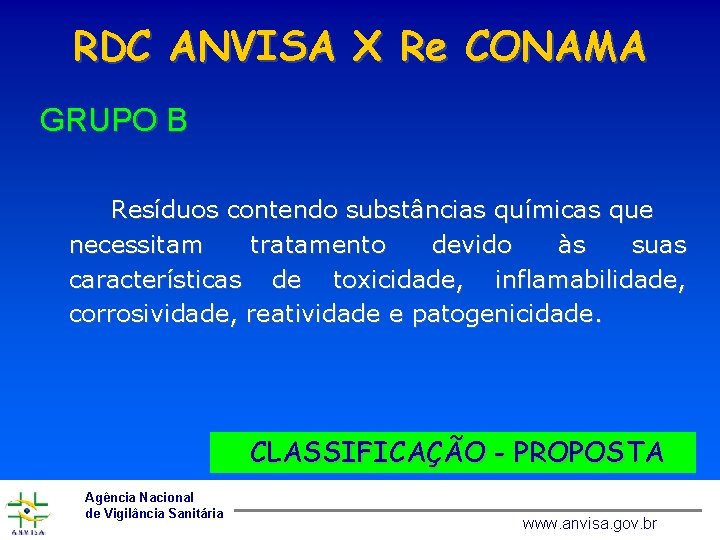 RDC ANVISA X Re CONAMA GRUPO B Resíduos contendo substâncias químicas que necessitam tratamento