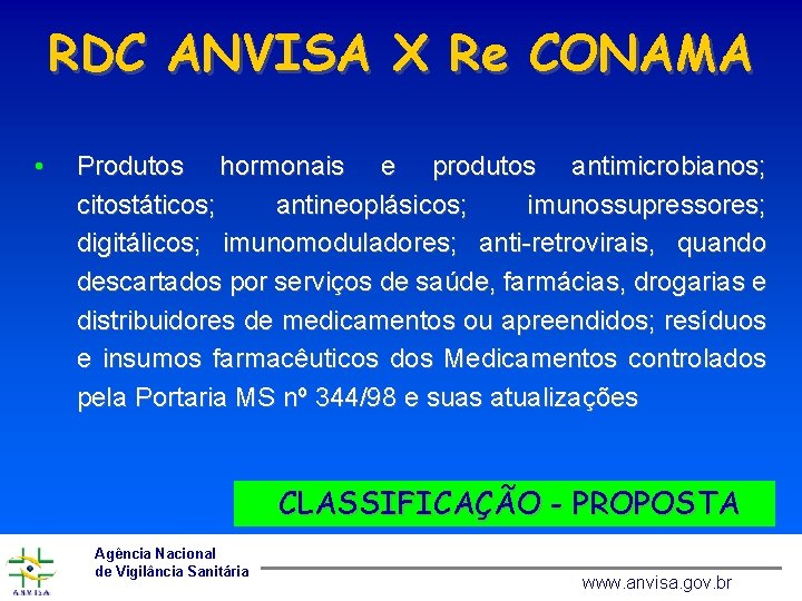 RDC ANVISA X Re CONAMA • Produtos hormonais e produtos antimicrobianos; citostáticos; antineoplásicos; imunossupressores;