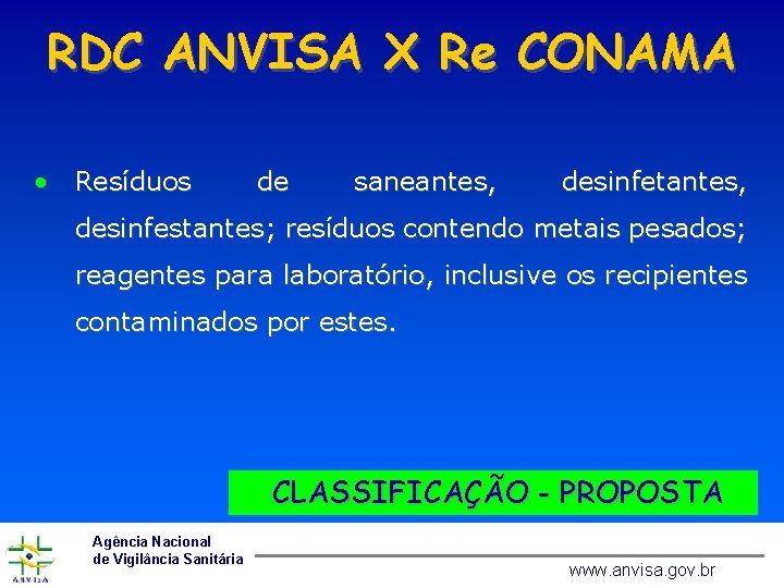 RDC ANVISA X Re CONAMA • Resíduos de saneantes, desinfetantes, desinfestantes; resíduos contendo metais