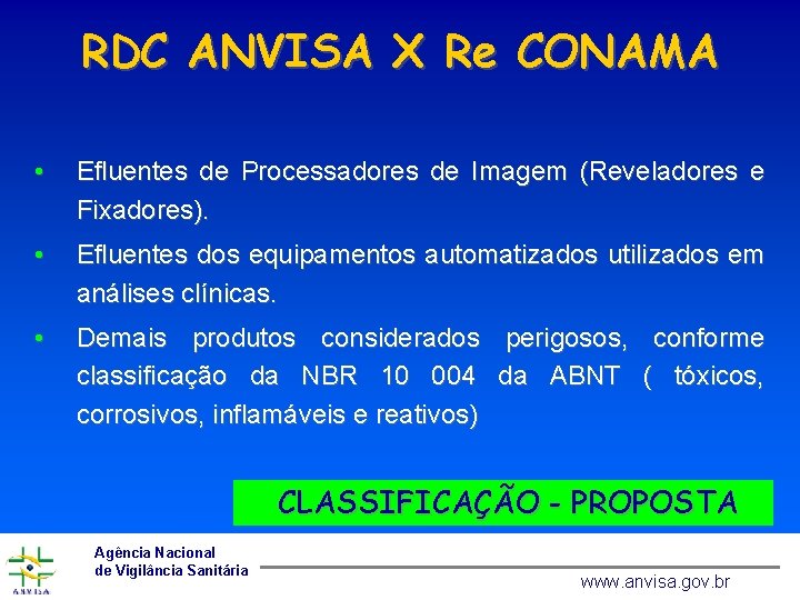 RDC ANVISA X Re CONAMA • Efluentes de Processadores de Imagem (Reveladores e Fixadores).