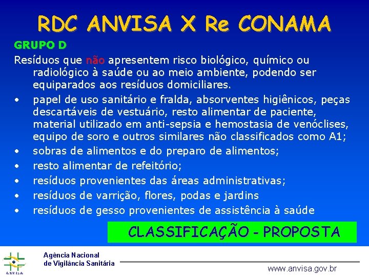 RDC ANVISA X Re CONAMA GRUPO D Resíduos que não apresentem risco biológico, químico