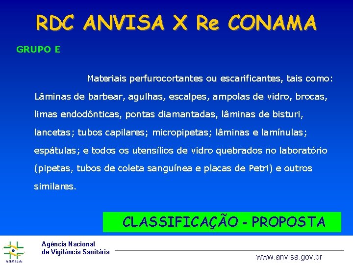 RDC ANVISA X Re CONAMA GRUPO E Materiais perfurocortantes ou escarificantes, tais como: Lâminas