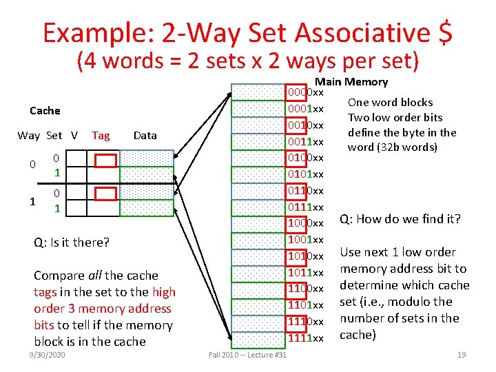 Example: 2 -Way Set Associative $ (4 words = 2 sets x 2 ways