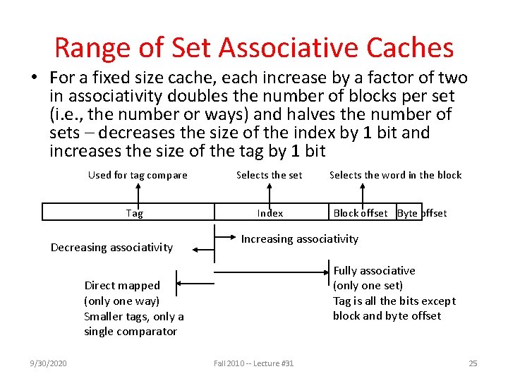 Range of Set Associative Caches • For a fixed size cache, each increase by