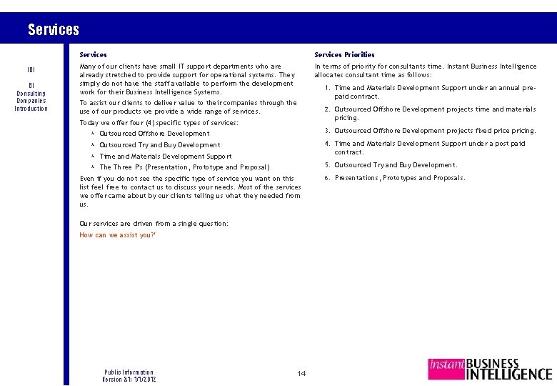 Services IBI BI Consulting Companies Introduction Services Priorities Many of our clients have small