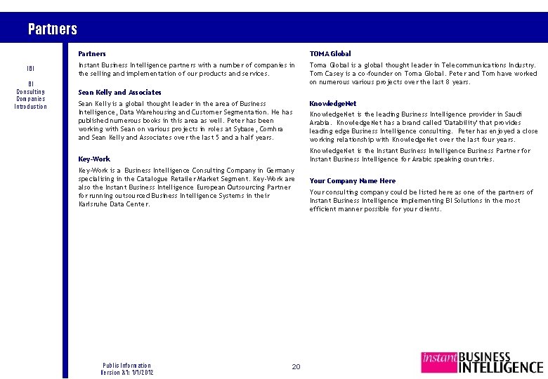 Partners IBI BI Consulting Companies Introduction Partners TOMA Global Instant Business Intelligence partners with