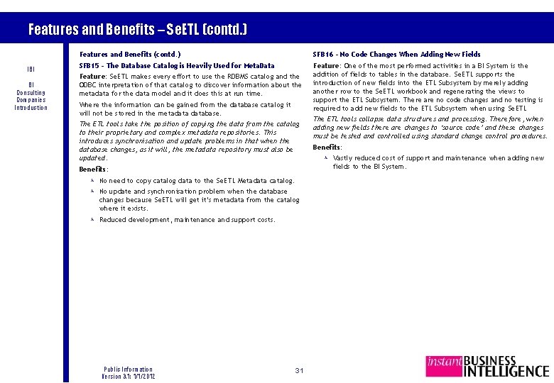 Features and Benefits – Se. ETL (contd. ) IBI BI Consulting Companies Introduction Features