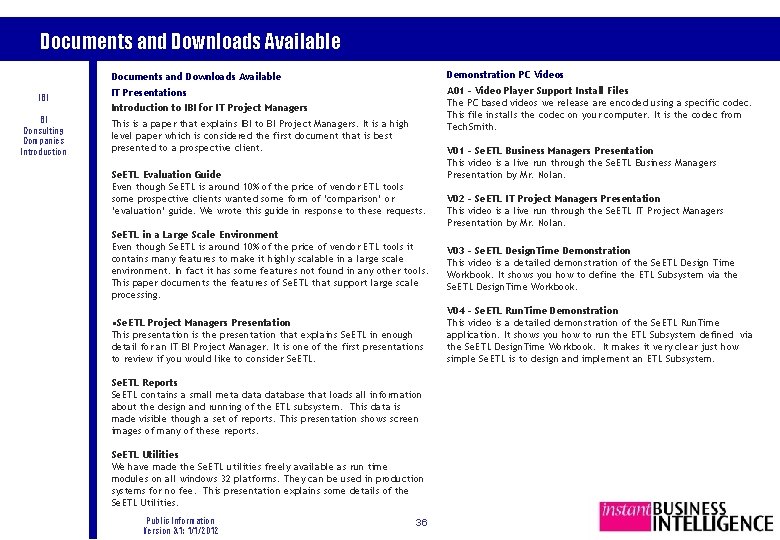 Documents and Downloads Available IBI BI Consulting Companies Introduction Documents and Downloads Available Demonstration