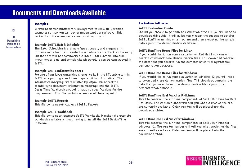 Documents and Downloads Available IBI BI Consulting Companies Introduction Examples Evaluation Software As well