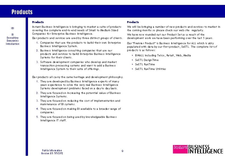 Products IBI BI Consulting Companies Introduction Products Instant Business Intelligence is bringing to market
