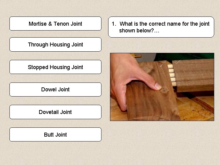Mortise & Tenon Joint Through Housing Joint Stopped Housing Joint Dowel Joint Dovetail Joint