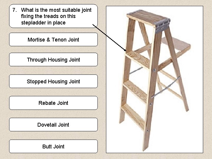 7. What is the most suitable joint fixing the treads on this stepladder in