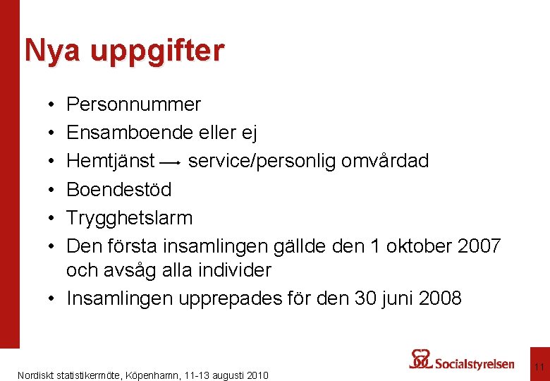 Nya uppgifter • • • Personnummer Ensamboende eller ej Hemtjänst service/personlig omvårdad Boendestöd Trygghetslarm