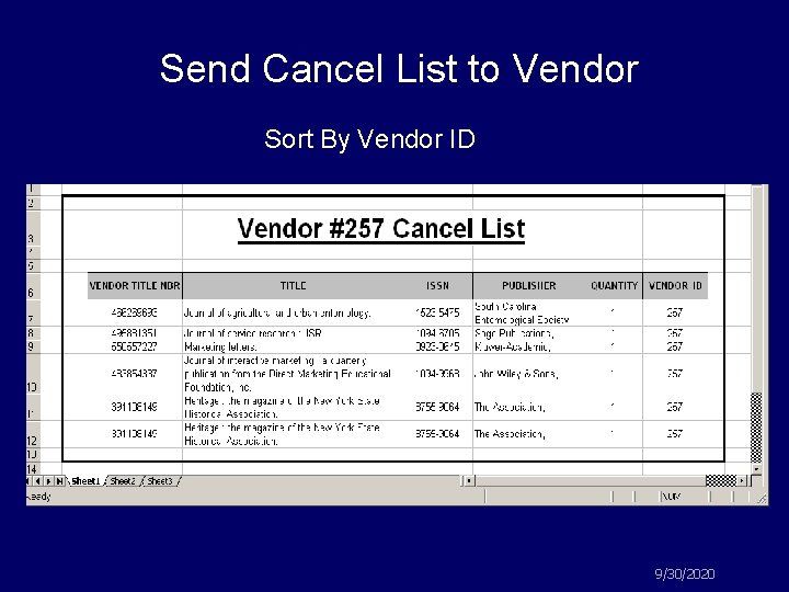 Send Cancel List to Vendor Sort By Vendor ID 9/30/2020 
