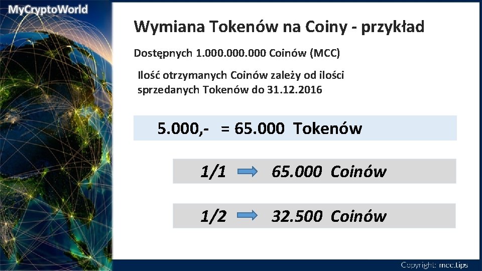 Wymiana Tokenów na Coiny - przykład Dostępnych 1. 000 Coinów (MCC) Ilość otrzymanych Coinów