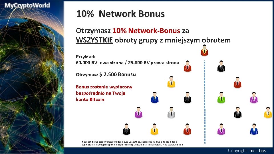 10% Network Bonus Otrzymasz 10% Network-Bonus za WSZYSTKIE obroty grupy z mniejszym obrotem Przykład: