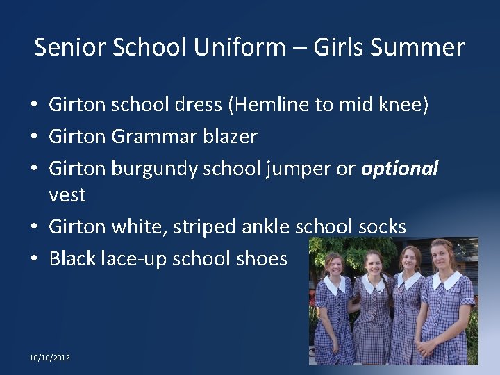 Senior School Uniform – Girls Summer • Girton school dress (Hemline to mid knee) Senior School Uniform – Girls Summer • Girton school dress (Hemline to mid knee)