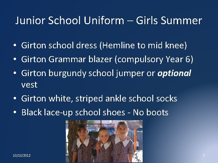 Junior School Uniform – Girls Summer • Girton school dress (Hemline to mid knee)