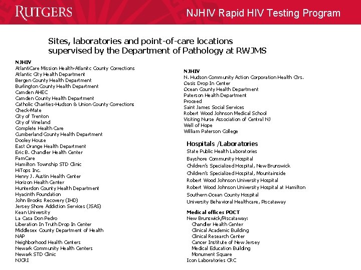 NJHIV Rapid HIV Testing Program Sites, laboratories and point-of-care locations supervised by the Department