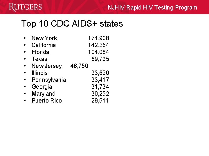 NJHIV Rapid HIV Testing Program Top 10 CDC AIDS+ states • • • New