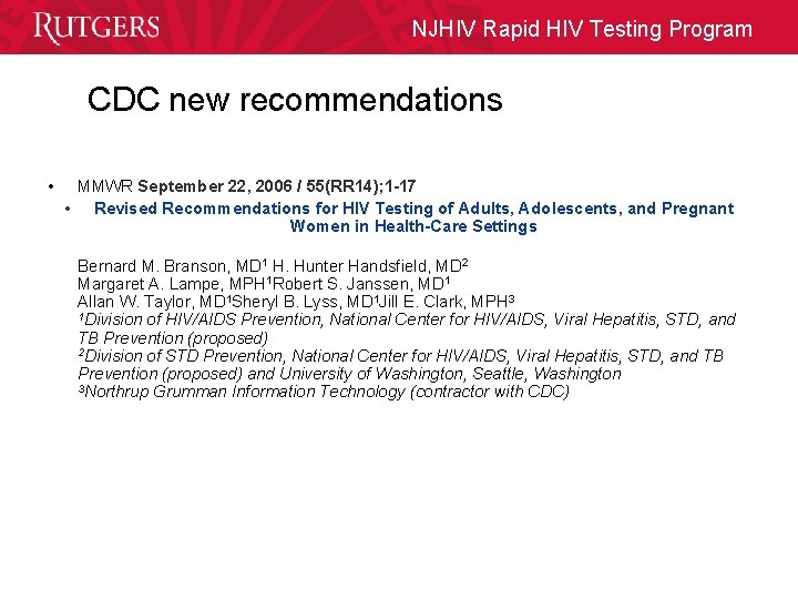 NJHIV Rapid HIV Testing Program CDC new recommendations • MMWR September 22, 2006 /