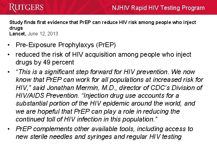 NJHIV Rapid HIV Testing Program Study finds first evidence that Pr. EP can reduce