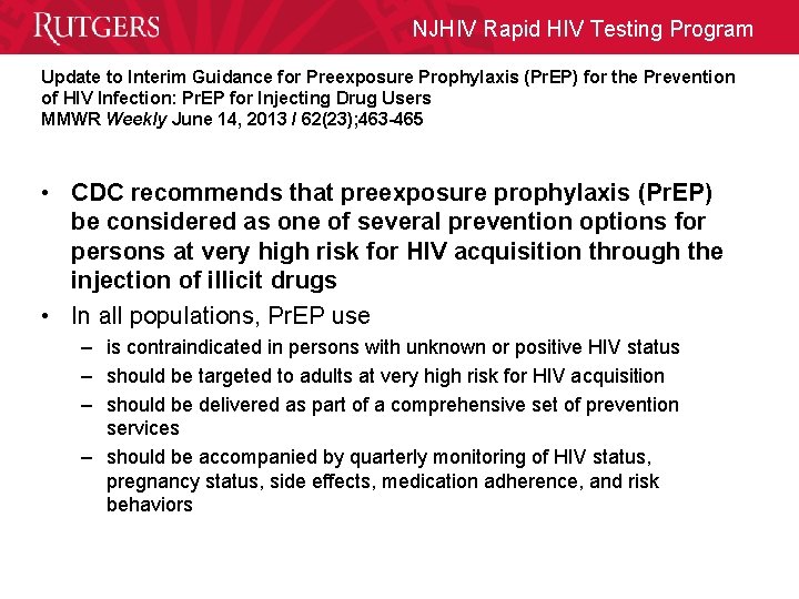 NJHIV Rapid HIV Testing Program Update to Interim Guidance for Preexposure Prophylaxis (Pr. EP)