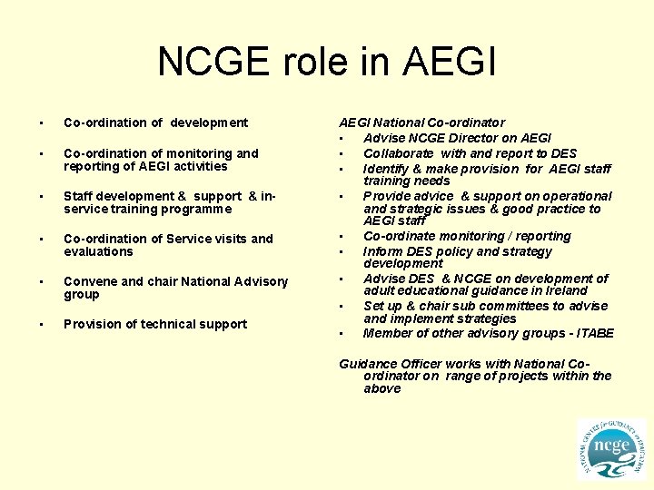 NCGE role in AEGI • Co-ordination of development • Co-ordination of monitoring and reporting