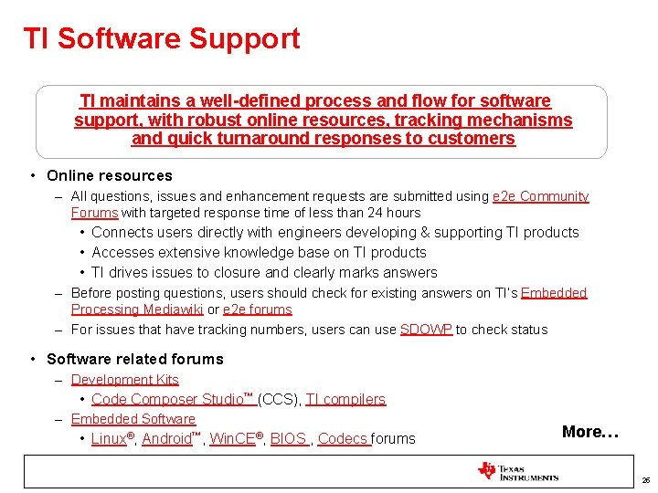 TI Software Support TI maintains a well-defined process and flow for software support, with