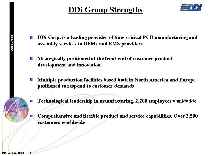 DDi Group Strengths DDi Corp. is a leading provider of time-critical PCB manufacturing and