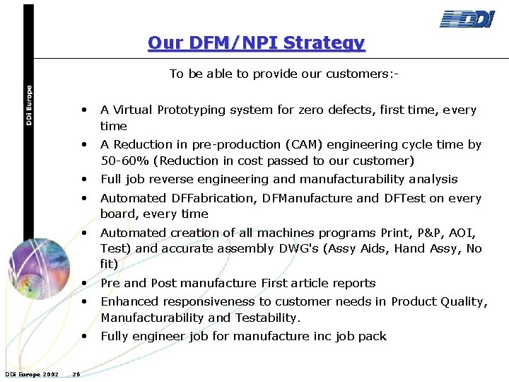 Our DFM/NPI Strategy To be able to provide our customers: - • A Virtual
