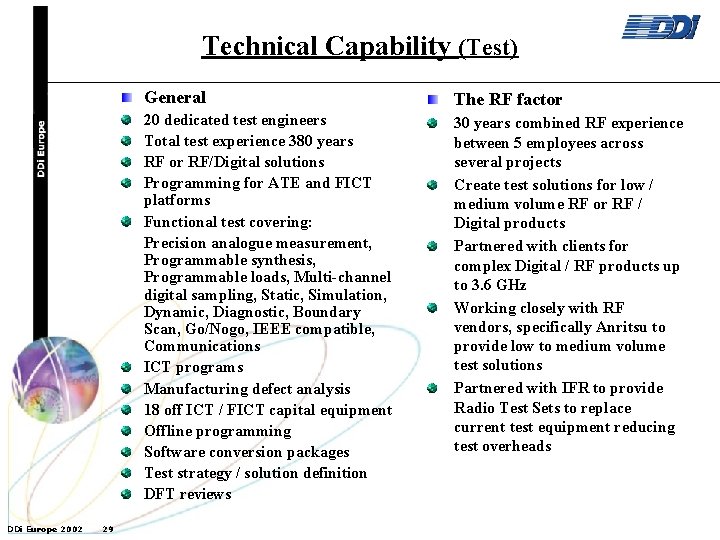 Technical Capability (Test) DDi Europe 2002 29 General The RF factor 20 dedicated test