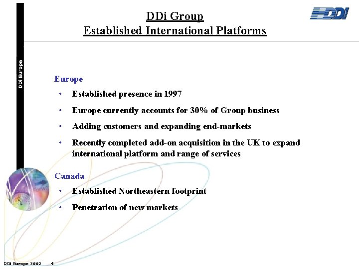 DDi Group Established International Platforms Europe • Established presence in 1997 • Europe currently