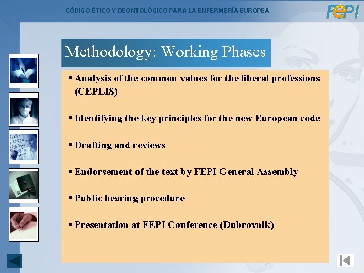 CÓDIGO ÉTICO Y DEONTOLÓGICO PARA LA ENFERMERÍA EUROPEA Methodology: Working Phases § Analysis of